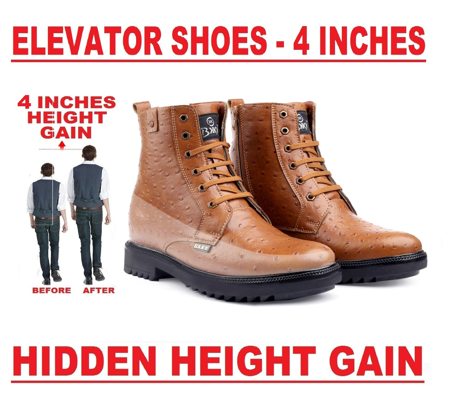 Bxxy's 4 inches Hidden Height Increasing Crocodile Textured Vegan Leather Lace-up Ankle Boots for Men