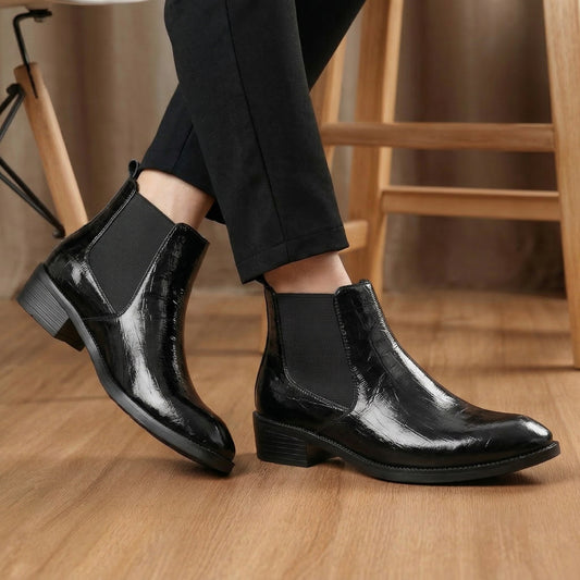 Men’s Glossy Croc-Embossed Boots – Elegant Formal & Party Wear Footwear