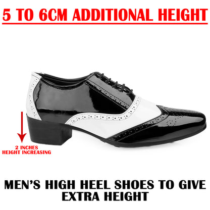 Men's Height Increasing Black and White Faux Leather Mafia Oxford Brogue Lace-Up Shoes