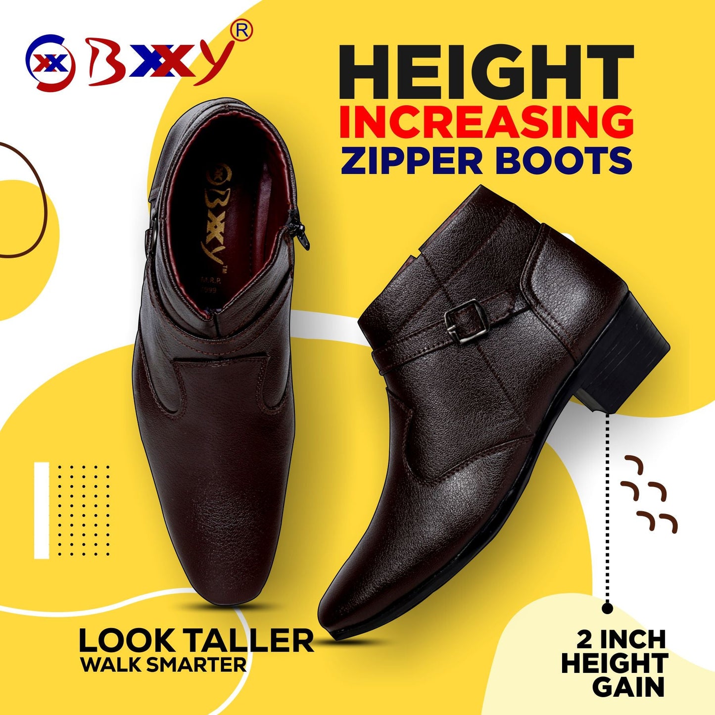 BXXY 2 Inches Height Increasing Ankle Zipper Boots For Men