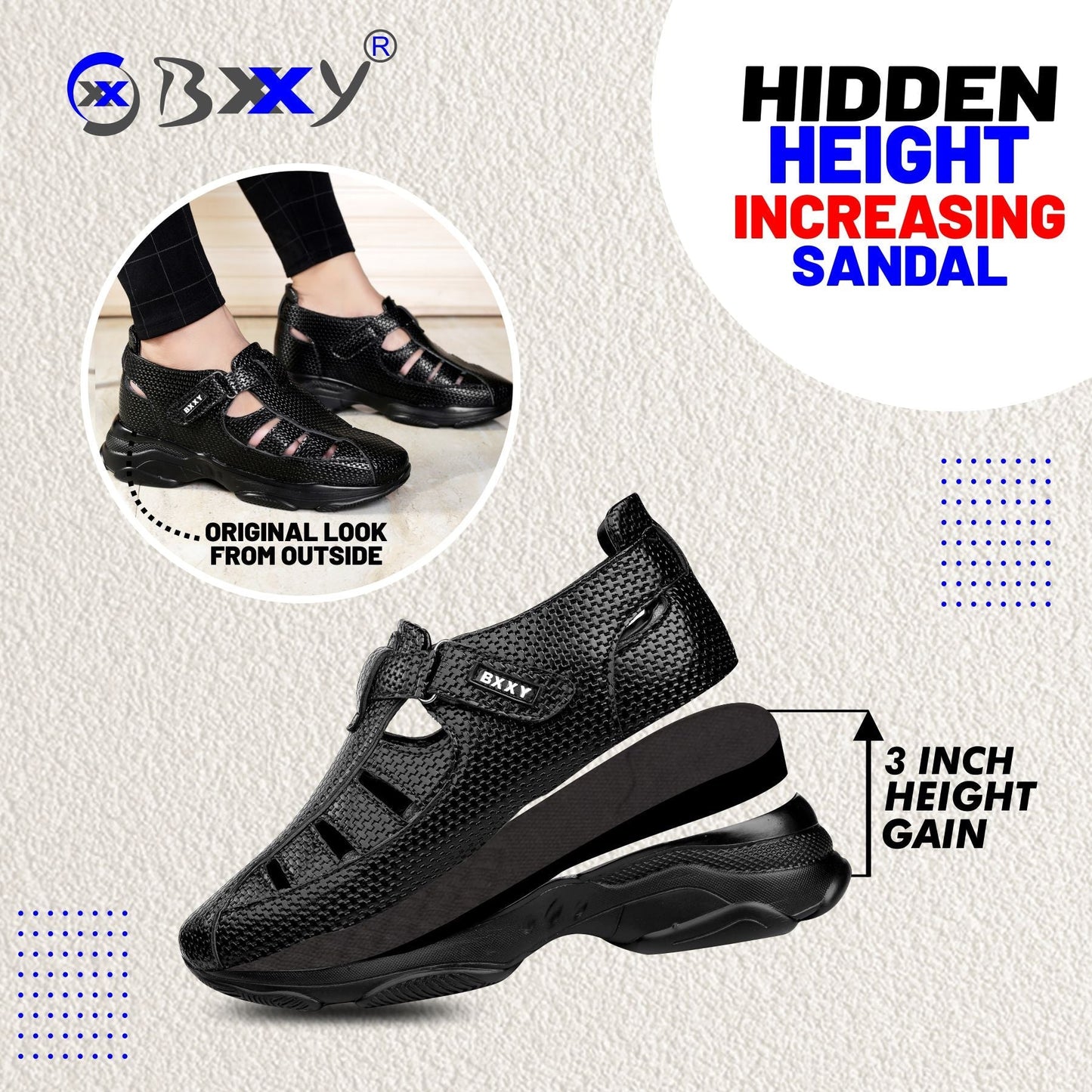 Bxxy's 3 Inch Hidden Height Increasing Velcro Ulta Comfortable Sandals for Men