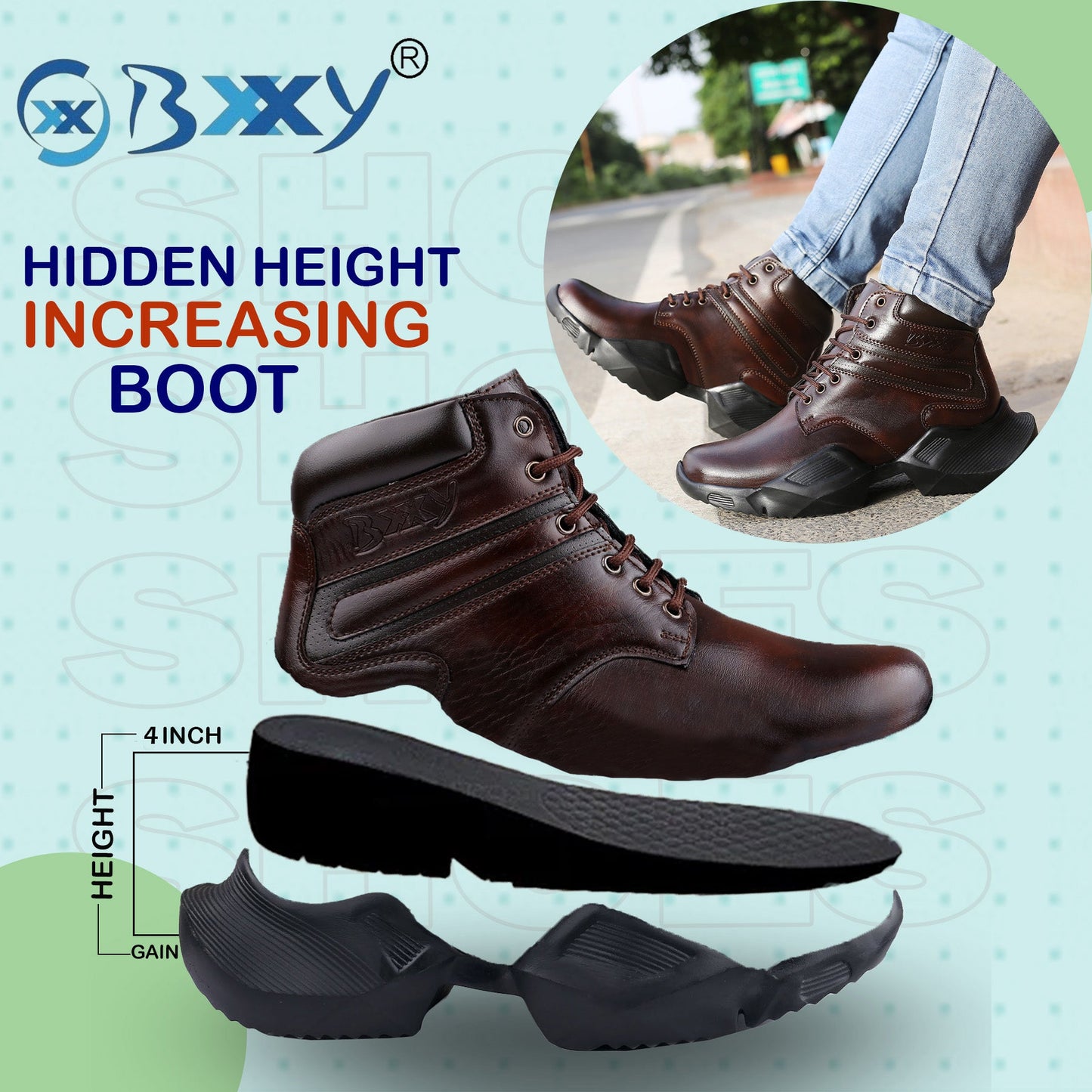 Bxxy Men's 4 Inch Hidden Height Increasing Faux Leather Casual Ankle Lace-Up Light Weight Shoes