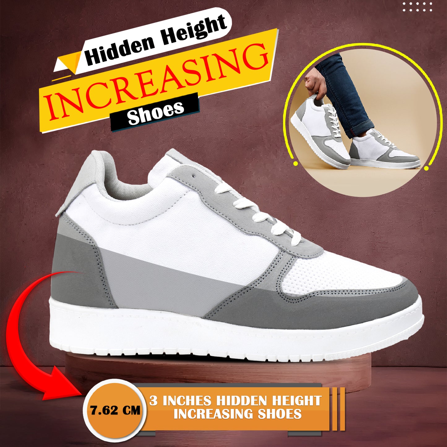 Men's 3-Inch Height Increase Sneakers with Hidden Heels