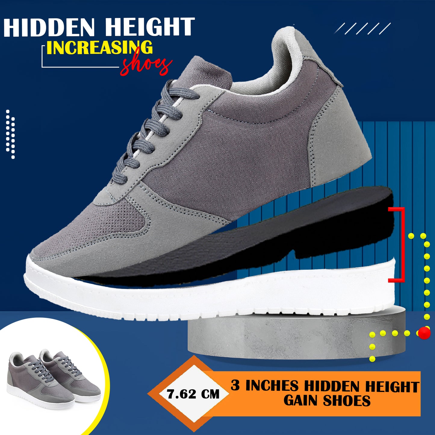 Men's 3-Inch Height Increase Sneakers with Hidden Heels
