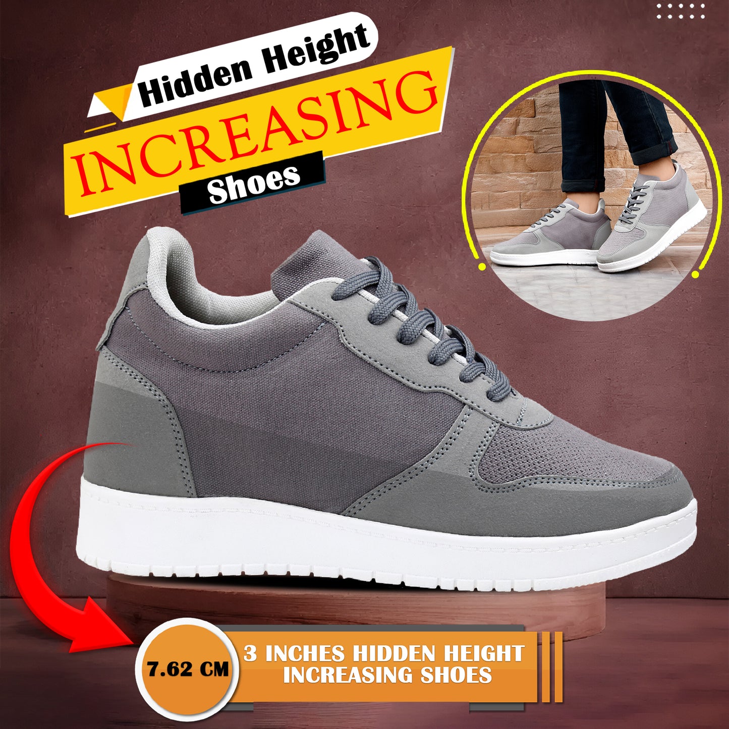 Men's 3-Inch Height Increase Sneakers with Hidden Heels