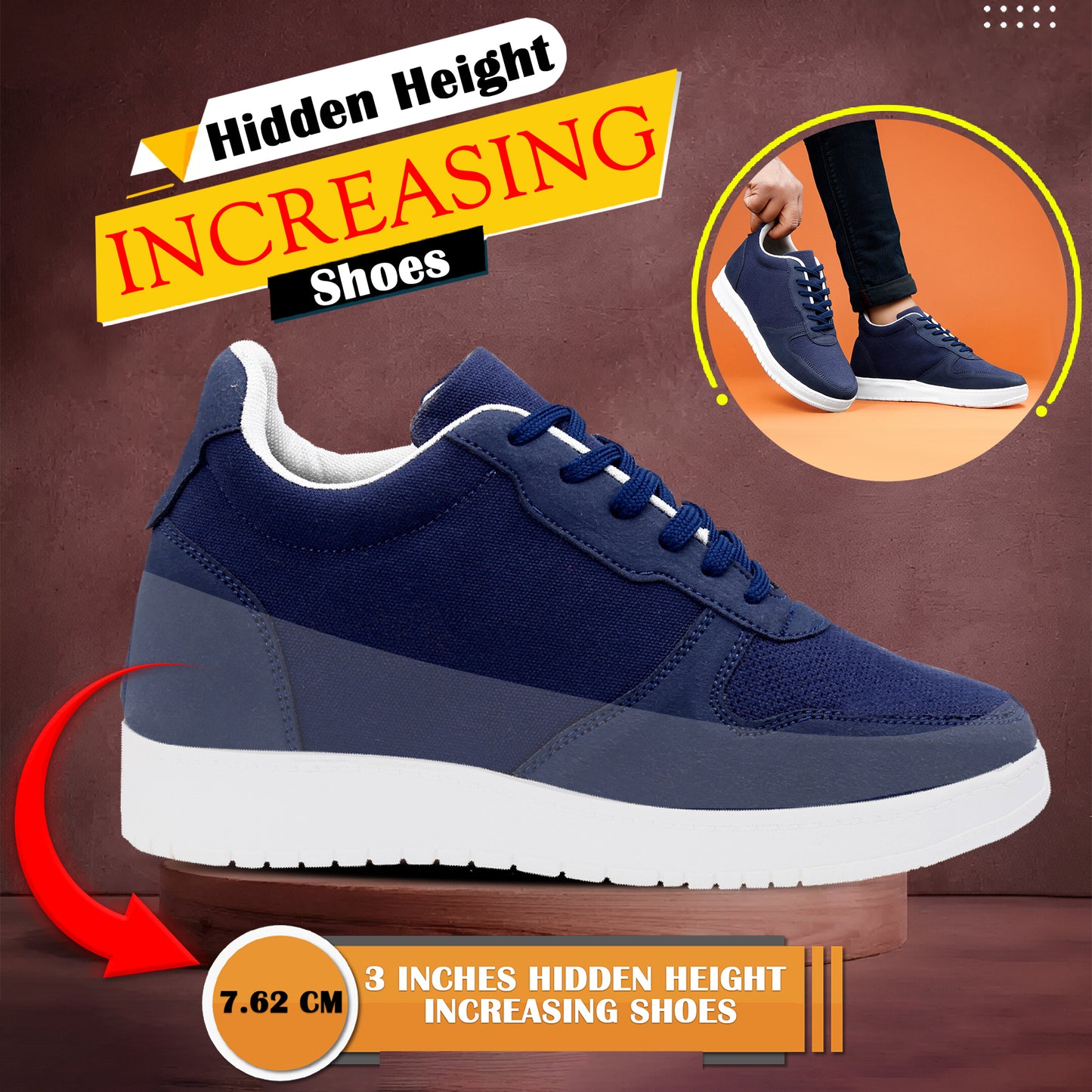 Men's 3-Inch Height Increase Sneakers with Hidden Heels