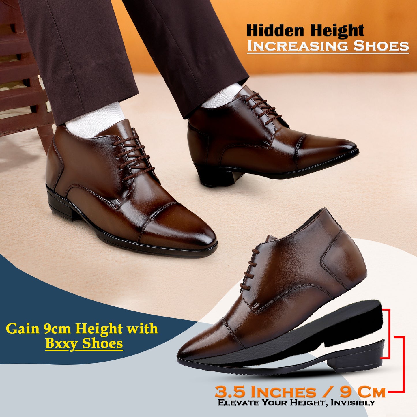 Men's 9cm Hidden Heel Height Increasing Shoes – Classic Formal Office Wear