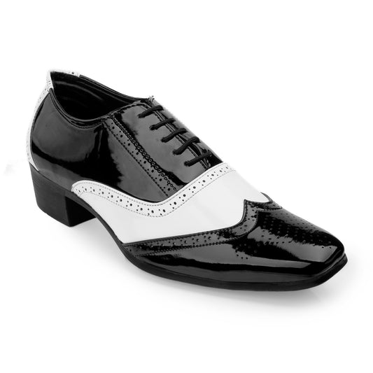 Men's Height Increasing Black and White Faux Leather Mafia Oxford Brogue Lace-Up Shoes