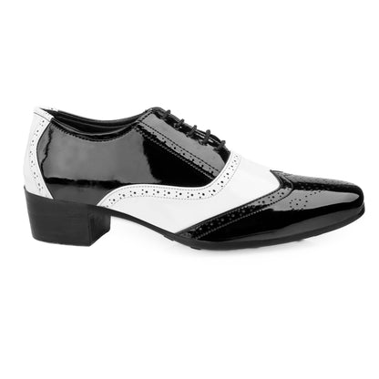 Men's Height Increasing Black and White Faux Leather Mafia Oxford Brogue Lace-Up Shoes