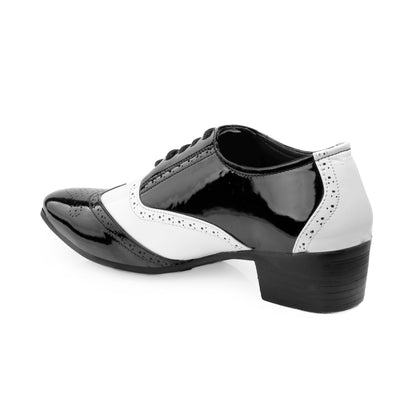 Men's Height Increasing Black and White Faux Leather Mafia Oxford Brogue Lace-Up Shoes