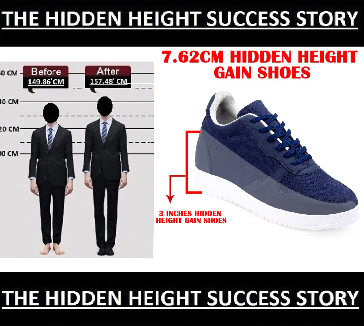Men's 3-Inch Height Increase Sneakers with Hidden Heels